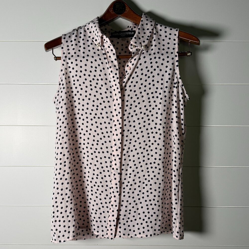 KARL LAGERFELD PARIS Sleeveless Pink & Black Polka Dot Top Sz Small